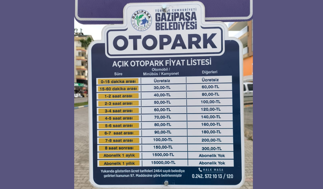 Gazipaşa'da Otopark Ücretlerinde Yeni Düzenleme