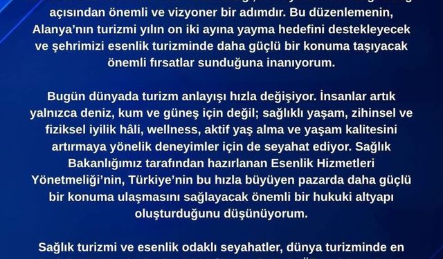 Şükrü Cimrin: Esenlik Yönetmeliği Alanya'nın 12 Ay Turizm Hedefine Katkı Sağlayacak