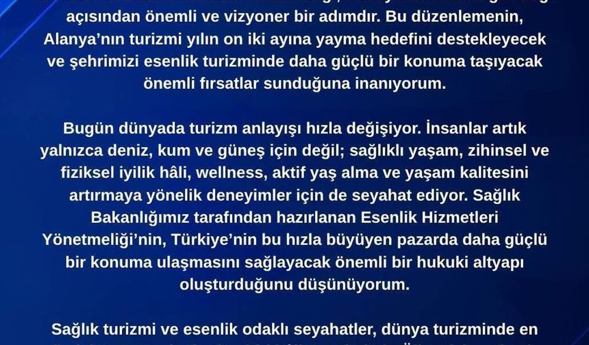 Şükrü Cimrin: Esenlik Yönetmeliği Alanya'nın 12 Ay Turizm Hedefine Katkı Sağlayacak